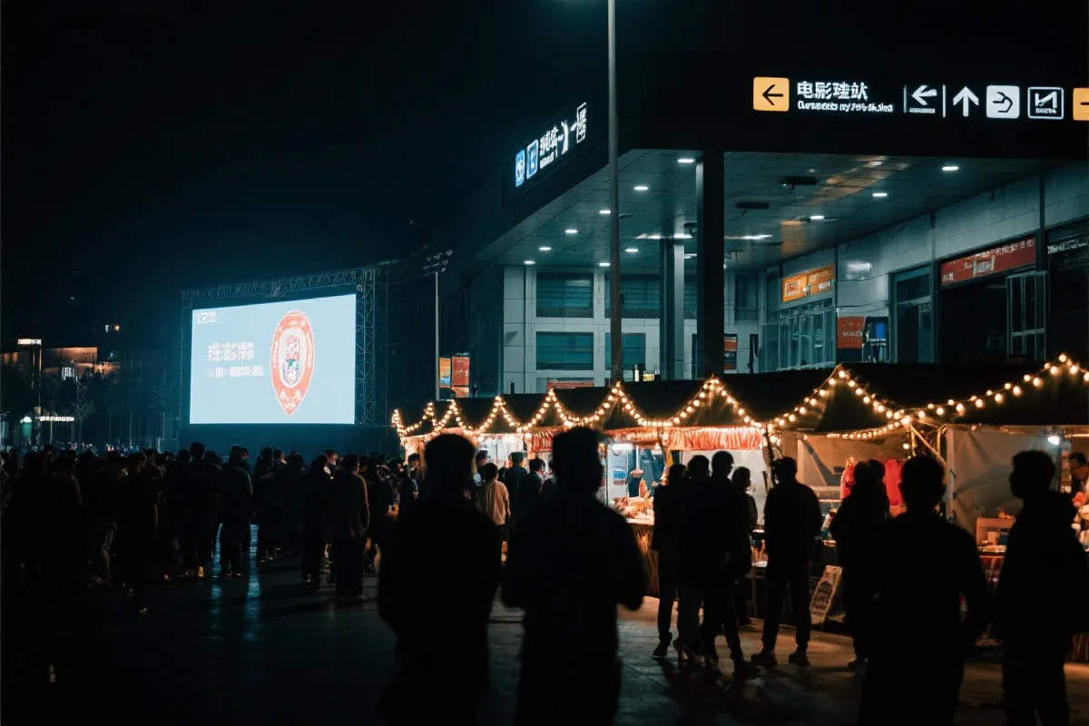 费城球迷广场夜景：大屏观赛人群、步行指示牌与公共交通入口