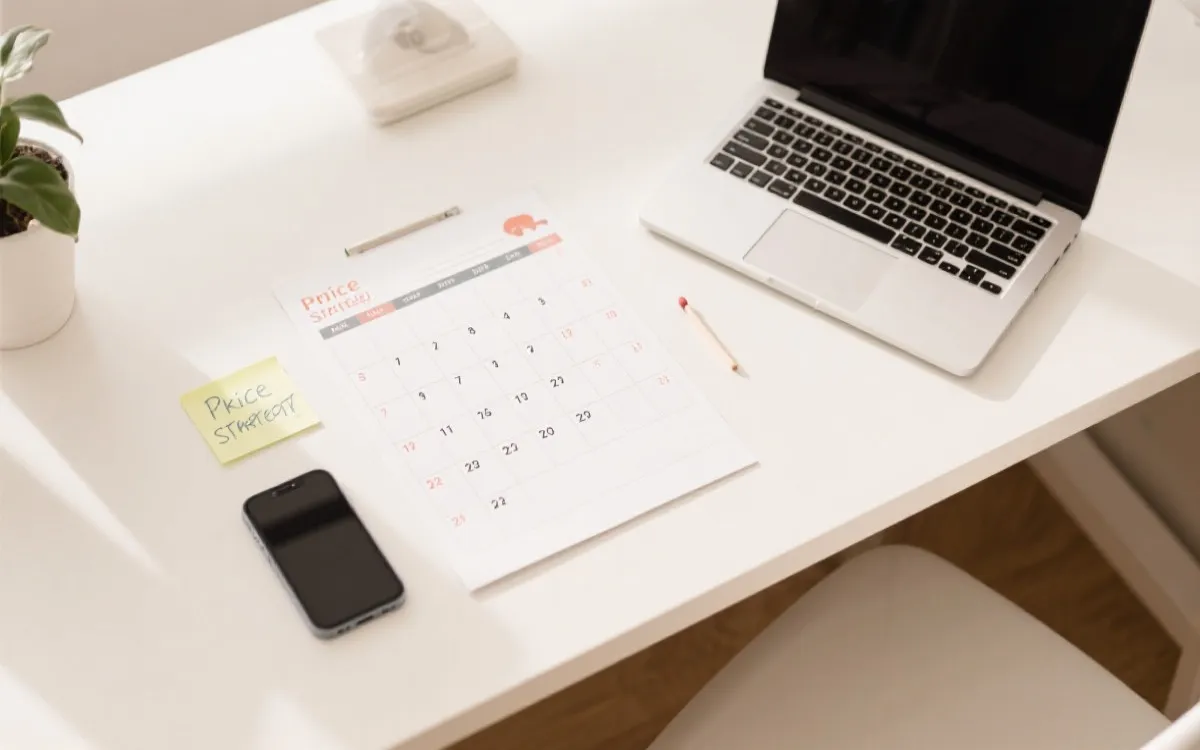 房东在日历与笔记本上规划赛程与节日营销，桌面俯拍